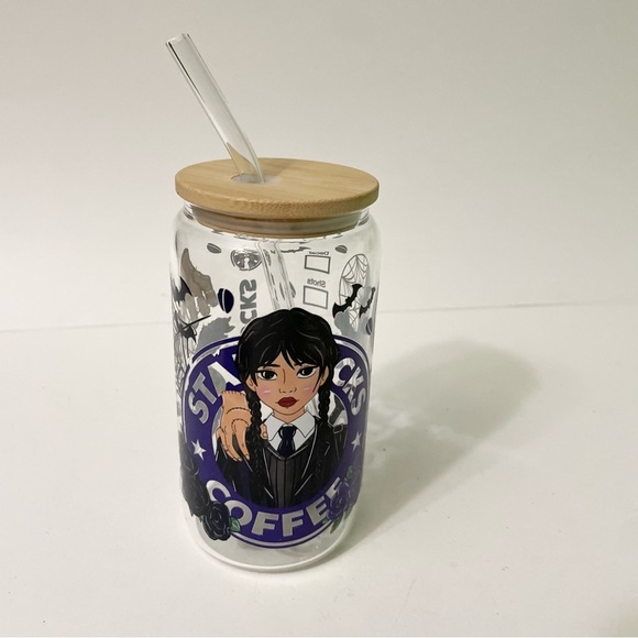 Custom Wednesday Addams Clear Glass Tumbler with Lid and Straw - Picture 14 of 15